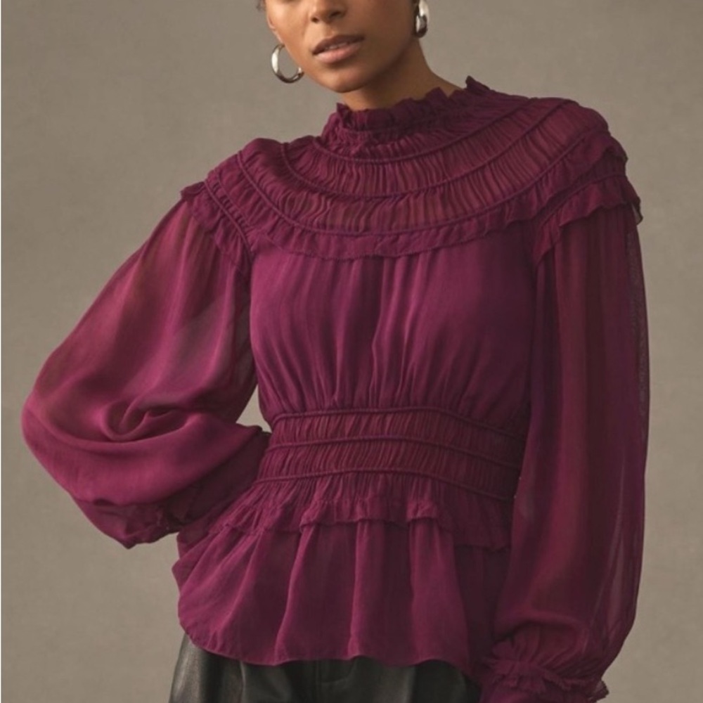 FARM Rio Red Blouse with Puff Sleeves and Smocked Details